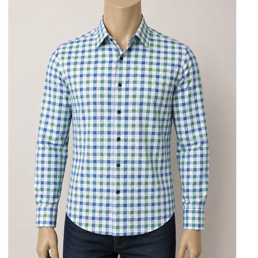 CON.STRUCT Slim Fit 4-Way Stretch Shirt Mens Large Blue Green Plaid Button Down